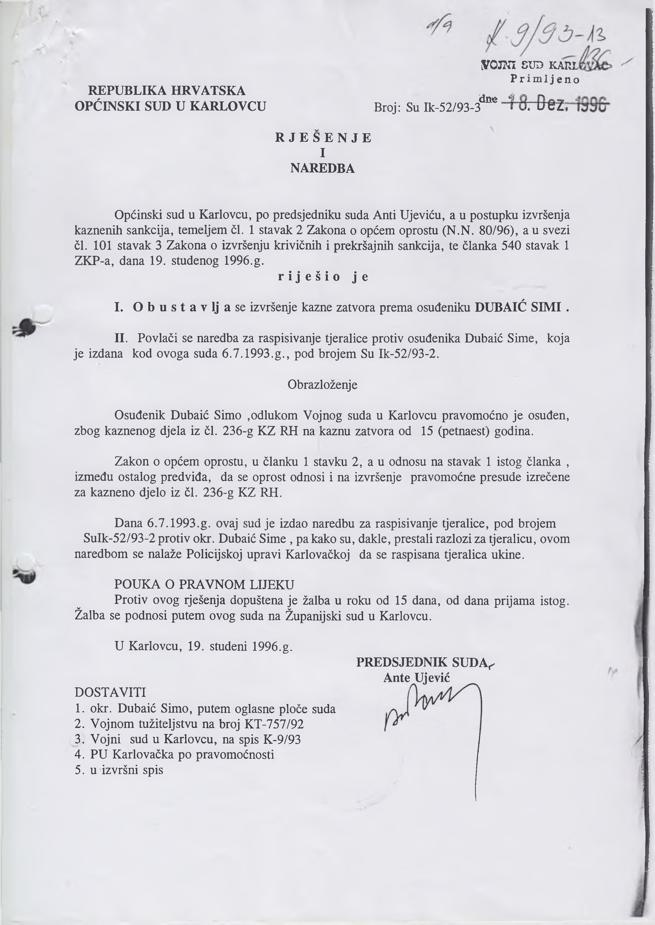 Opcinski sud u Karlovcu Rjesenje i naredba